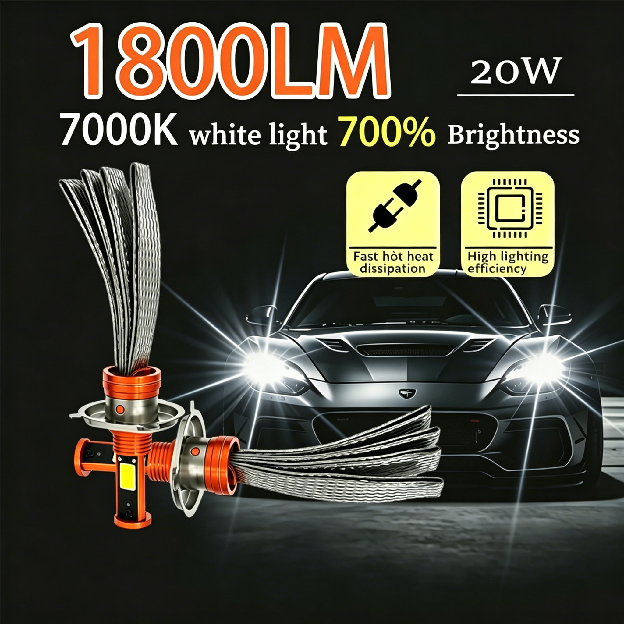 Đèn LED xe máy H4 ```DC10-24v``` Công suất: 20W Công suất: 7000k Dòng quang: 1800 LM, tản nhiệt bằng đồng. 