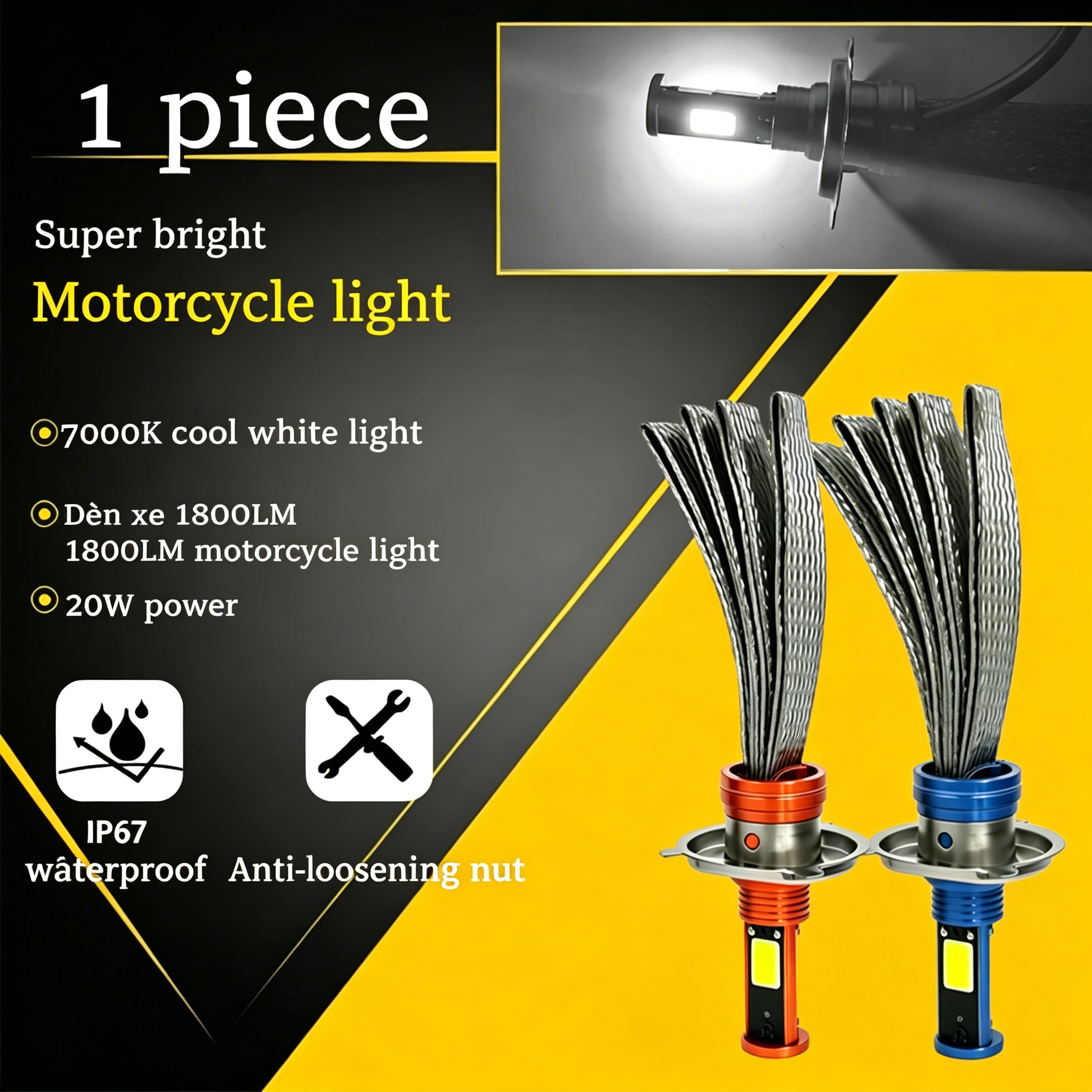 Đèn LED xe máy H4 ```DC10-24v``` Công suất: 20W Công suất: 7000k Dòng quang: 1800 LM, tản nhiệt bằng đồng. 