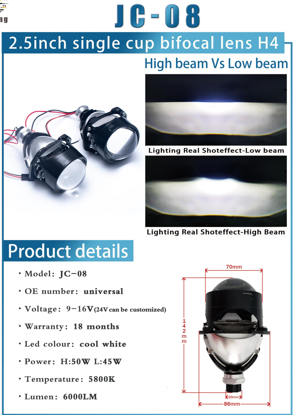 JC-08 Series + Đèn LED Ô Tô + Lens 2.5 Inch Single Cup Dual Beam, Cos/Pha 45W/50W, 5800K, 6000LM, 9-16V, Bảo Hành 18 Tháng
