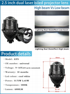 AYS Series + Đèn LED Ô Tô + Lens 2.5 Inch Dual Projector Dual Beam, Cos/Pha 65W/75W, 5800K, 6000LM, 9-16V, Bảo Hành 18 Tháng