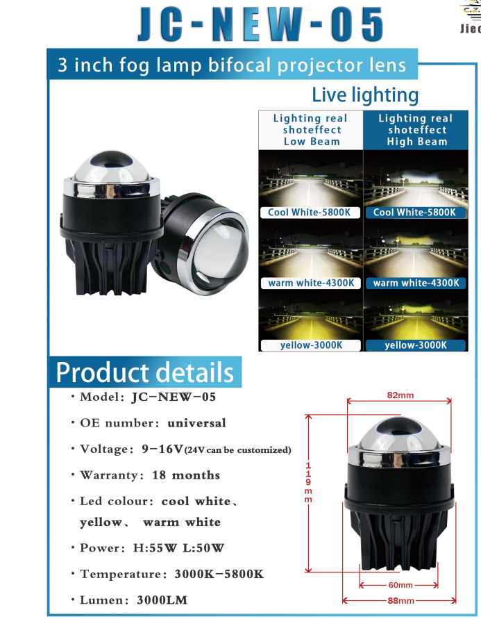 WD-07C/08C Series + Đèn LED Trung Võng Ô Tô + Đèn Sương Mù Bi Cầu 3 Inch Không Chiếu Thẳng + Đơn Màu / 3 Màu, Cos/Pha 50W/55W, 3000LM, 9-16V, Bảo Hành 18 Tháng