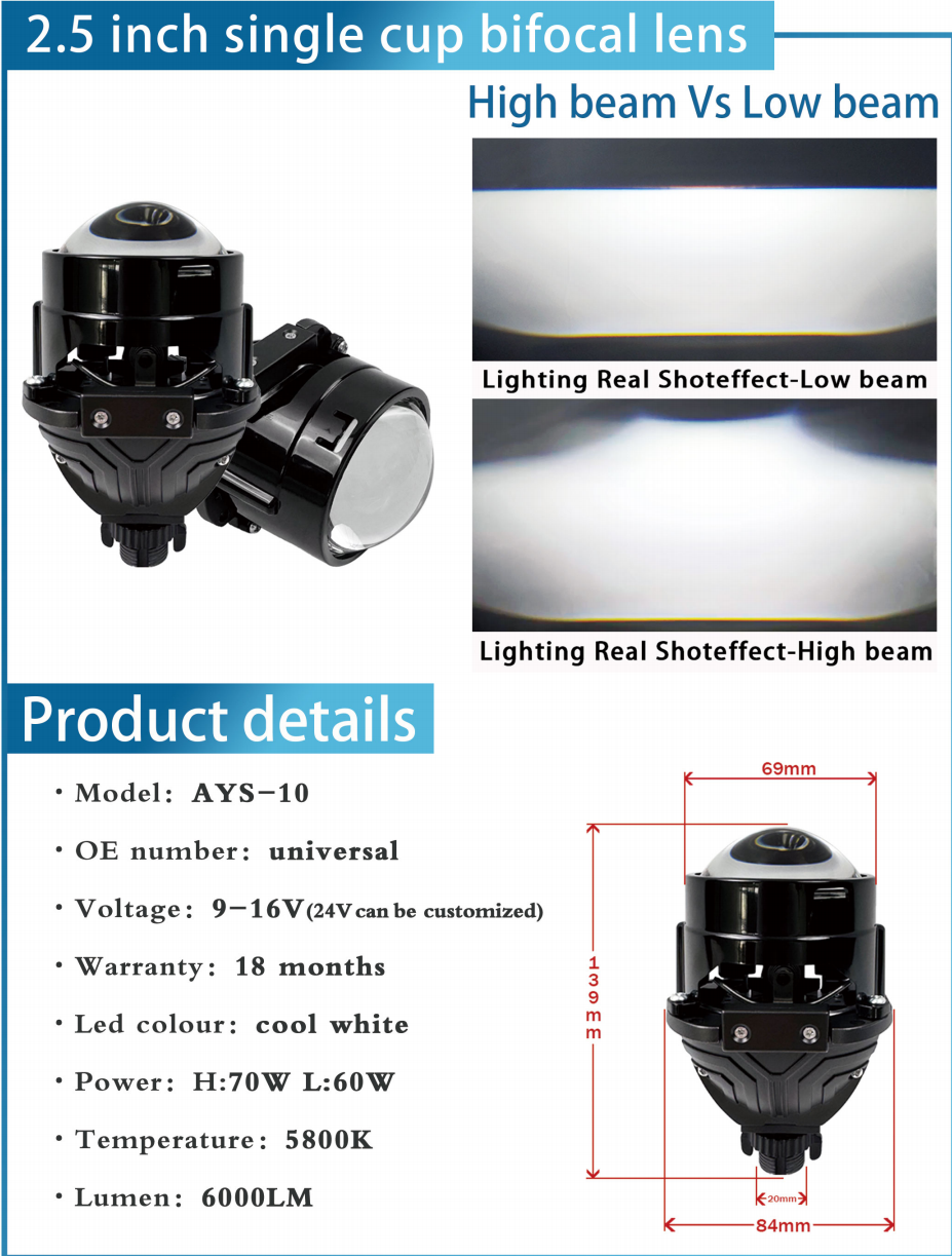 AYS-10 Series + Đèn LED Ô Tô + Lens 2.5 Inch Single Cup Dual Beam, Cos/Pha 60W/70W, 5800K, 6000LM, 9-16V, Bảo Hành 18 Tháng