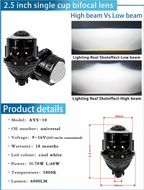 AYS-10 Series + Đèn LED Ô Tô + Lens 2.5 Inch Single Cup Dual Beam, Cos/Pha 60W/70W, 5800K, 6000LM, 9-16V, Bảo Hành 18 Tháng