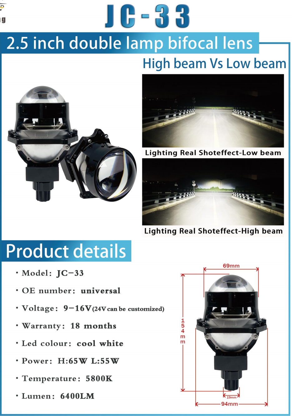 JC-33 Series + Đèn LED Ô Tô + Lens 2.5 Inch Double Cup Dual Beam, Cos/Pha 65W/55W, 5800K, 6000LM, 9-16V, Bảo Hành 18 Tháng