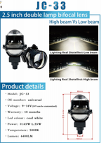 JC-33 Series + Đèn LED Ô Tô + Lens 2.5 Inch Double Cup Dual Beam, Cos/Pha 65W/55W, 5800K, 6000LM, 9-16V, Bảo Hành 18 Tháng