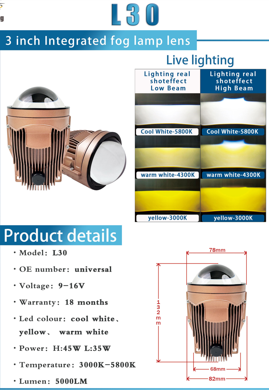 WD-11C/12C Series + Đèn LED Trung Võng Ô Tô + Đèn Bi Cầu Sương Mù Liền Khối 3 Inch + Đơn Màu / 3 Màu, H45W/L35W, 5000LM, 9-16V, Bảo Hành 18 Tháng