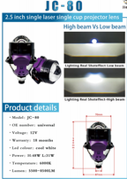 JC-80 Series + Đèn LED Ô Tô + Lens 2.5 Inch Single Projector Dual Beam, 31W/48W, 6000K, 5500-8500LM, 12V, Bảo Hành 18 Tháng