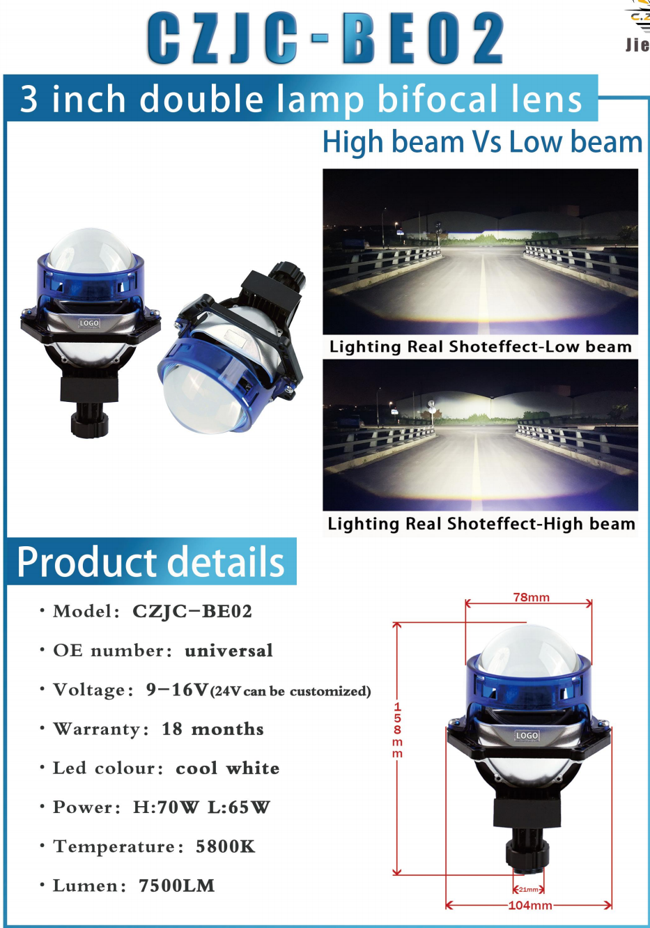 CZJC-BE02  Series + Đèn LED Ô Tô + Lens 3 Inch Double Cup Dual Beam Khung Xanh, Cos/Pha 45W/55W, 5800K, 6000LM, 9-16V, Bảo Hành 18 Tháng