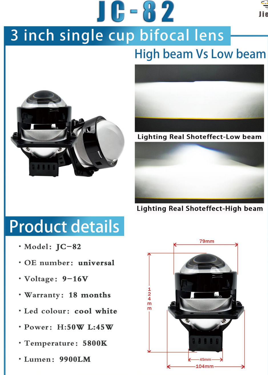 JC-82 Series + Đèn LED Ô Tô + Lens 3 Inch Single Cup Dual Beam, Cos/Pha 45W/50W, 5800K, 9900LM, 12V, Bảo Hành 18 Tháng