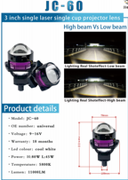 JC-60 Series + Đèn LED Ô Tô + Lens 3 Inch Single Projector Dual Beam Nắp Tím, 5800K, 6000LM, 9-16V, Bảo Hành 18 Tháng
