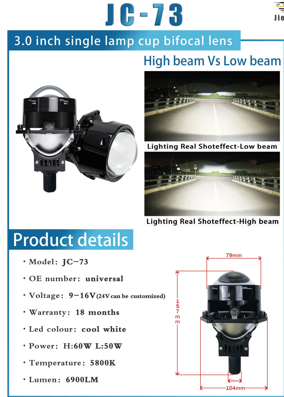 JC-73  Series + Đèn LED Ô Tô + Lens 3 Inch Single Cup Dual Beam, Cos/Pha 43W/52W, 5800K, 6000LM, 9-16V, Bảo Hành 18 Tháng