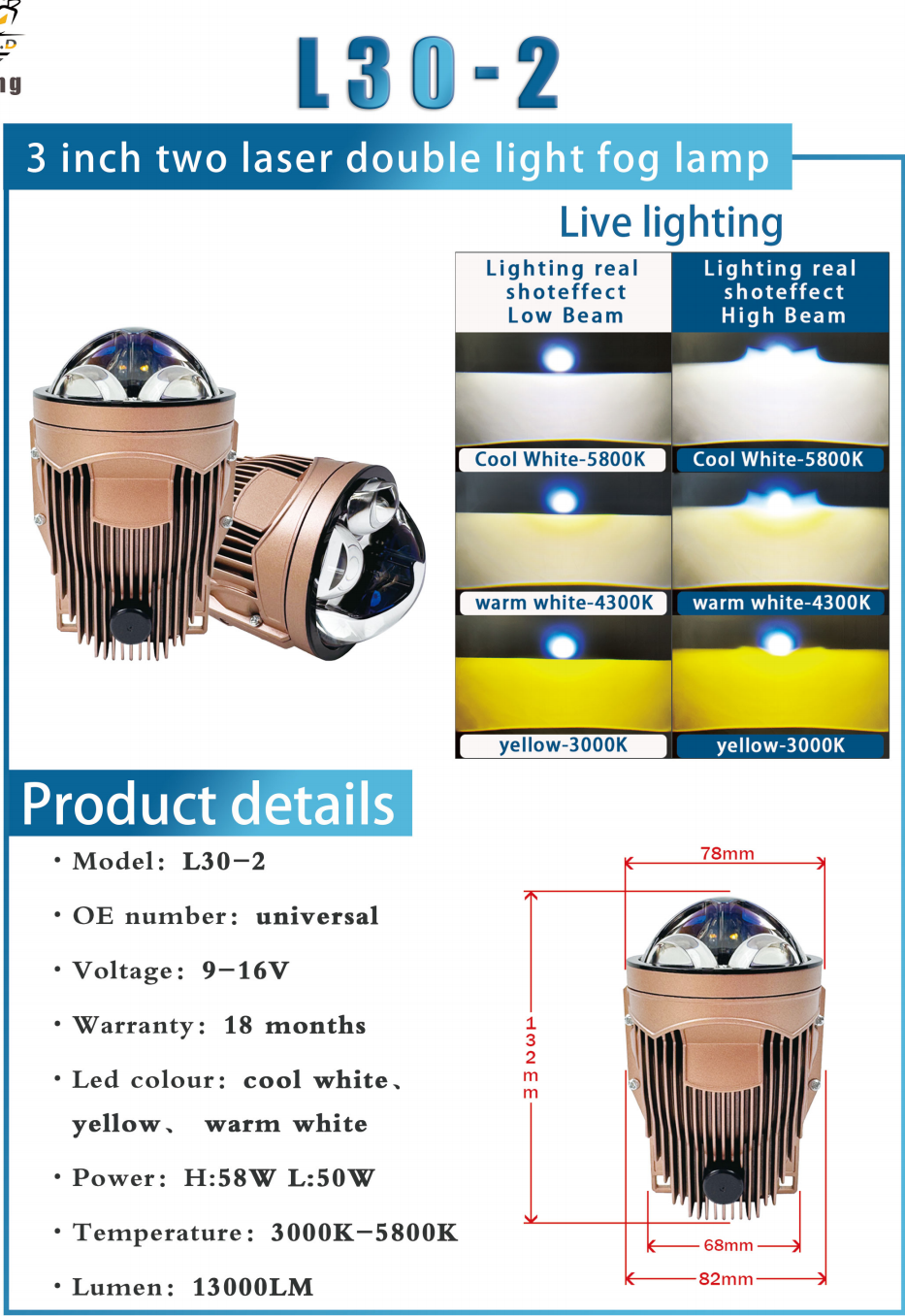 WD-13C Series + Đèn LED Trung Võng Ô Tô + Đèn Sương Mù Bi Cầu 3 Inch Chiếu Thẳng Kép + Đơn Màu, H58W/L50W, 13000LM, 9-16V, Bảo Hành 18 Tháng