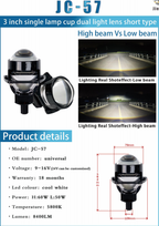 JC-57 Series + Đèn LED Ô Tô + Lens 3 Inch Dual Projector Dual Beam Nắp Đen, 5800K, 6000LM, 9-16V, Bảo Hành 18 Tháng