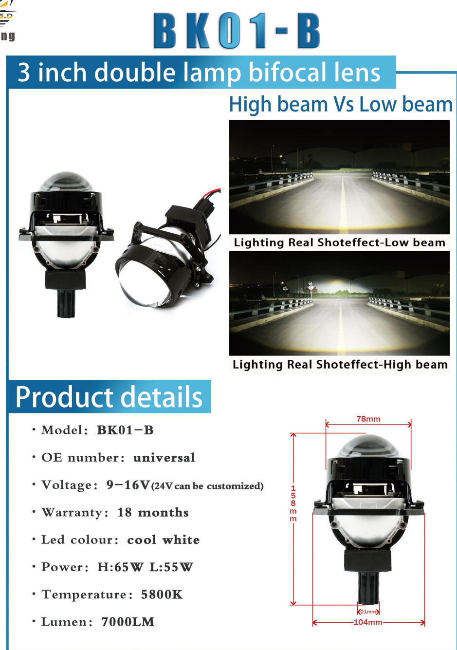 CZJC-BK01-B Series + Đèn LED Ô Tô + Lens 3 Inch Double Cup Dual Beam Khung Đen, Cos/Pha 45W/55W, 5800K, 6000LM, 9-16V, Bảo Hành 18 Tháng