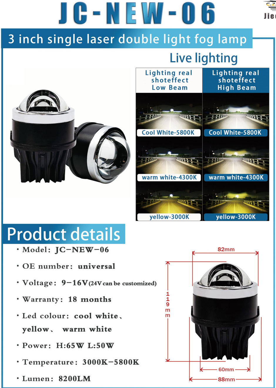 WD-09C/10C Series + Đèn LED Trung Võng Ô Tô + Đèn Sương Mù Bi Cầu 3 Inch Chiếu Thẳng 1 Cầu + Đơn Màu / 3 Màu, H65W/L50W, 8200LM, 9-16V, Bảo Hành 18 Tháng