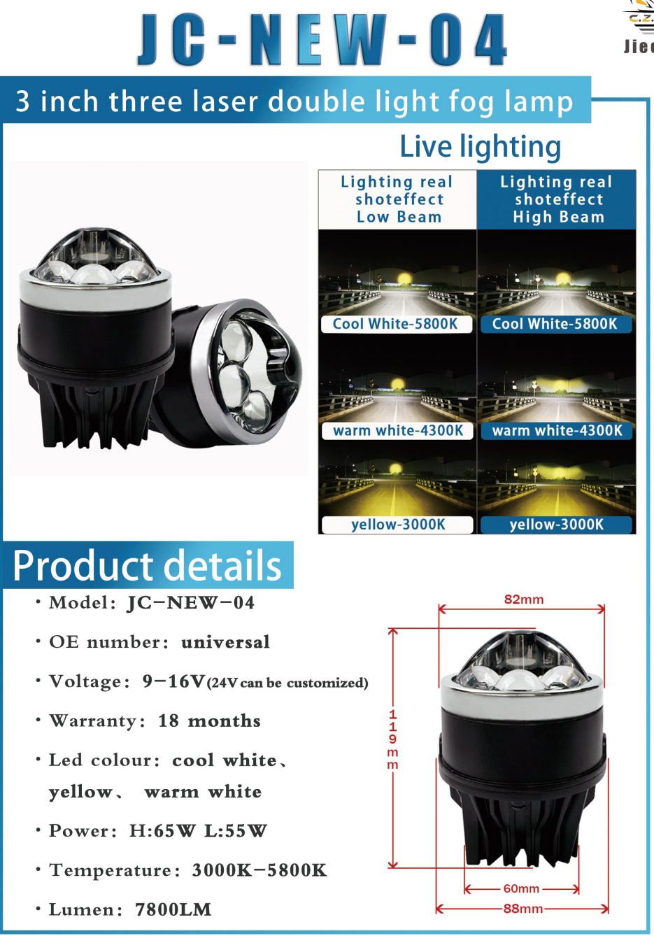 WD-05C/06C Series + Đèn LED Trung Võng Ô Tô + Đèn Sương Mù 3 Chiếu Thẳng Bi Cầu 3 Inch + Đơn Màu / 3 Màu, H65/L55, 3000K-5800K, 7800LM, 9-16V, Bảo Hành 18 Tháng