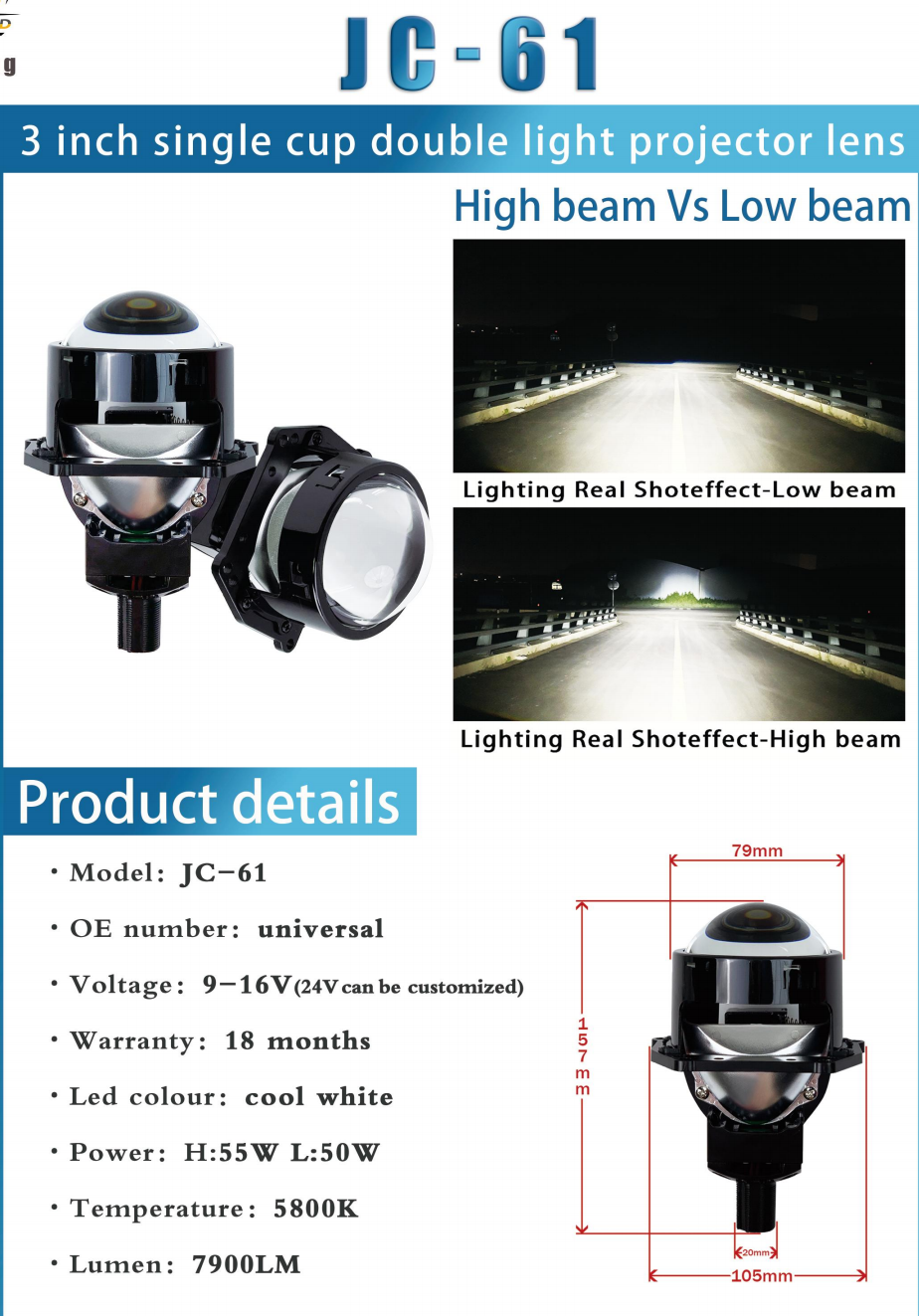JC-61 Series + Đèn LED Ô Tô + Lens 3 Inch Single Cup Dual Beam Hai Bát, 5800K, 6000LM, 9-16V, Bảo Hành 18 Tháng